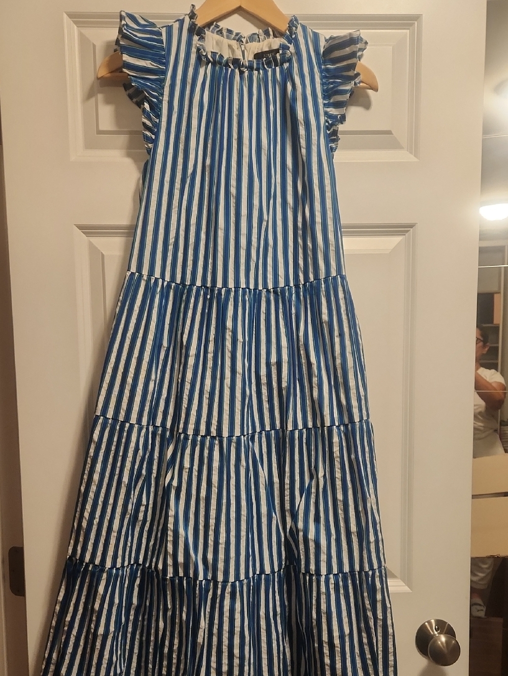 J. Crew Blue Green and White Striped Tiered Ruffle Dress - Picture 3 of 11